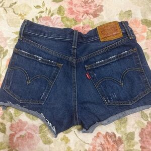 Levis 501 Original 100% Cotton Dark Blue Jean Shorts Cut-Off Distressed
